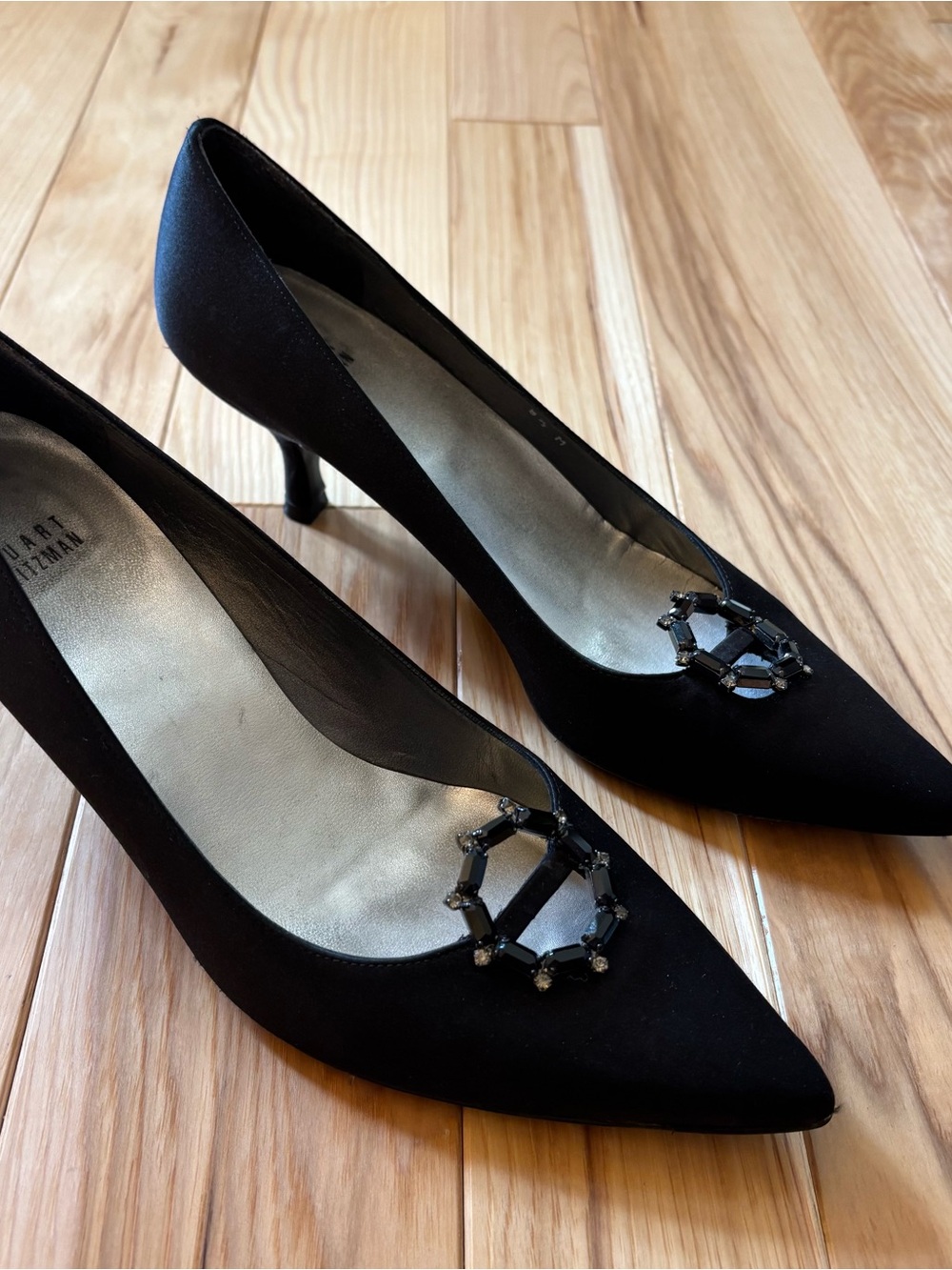 Stuart Weitzman Black Satin Pointed Toe Crystal Buckle Embellished Heels